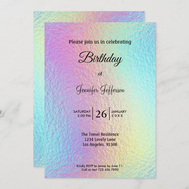 Modern holographic Birthday invitation (Devant / Derrière)