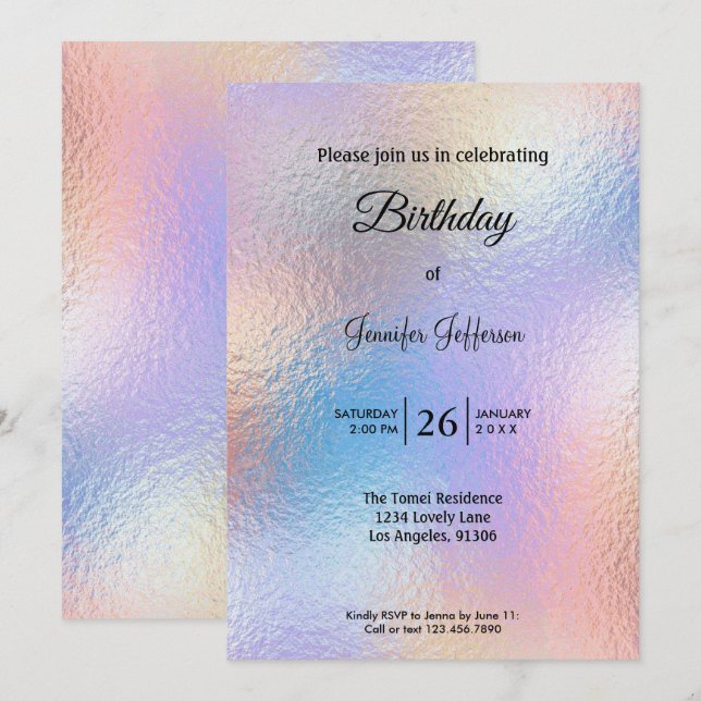 Modern holographic Birthday invitation (Devant / Derrière)