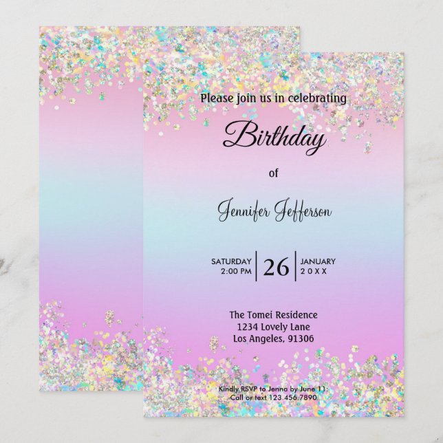Modern holographic Birthday invitation (Devant / Derrière)