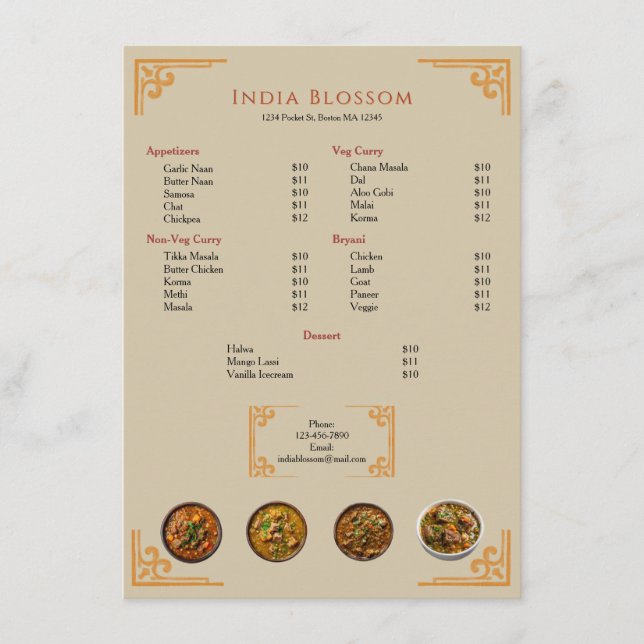  Modern Indian Restaurant Gold Border Flat Menu (Devant)