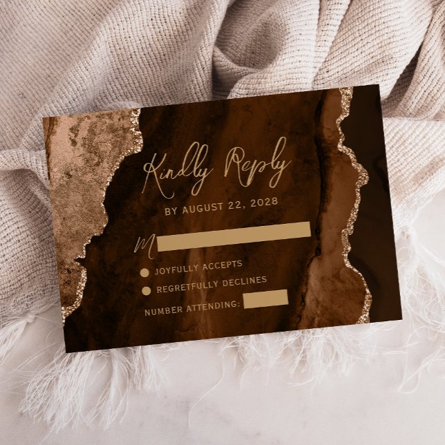 Modern Mocha Brown Agate Gold Script Wedding RSVP (Créateur téléchargé)