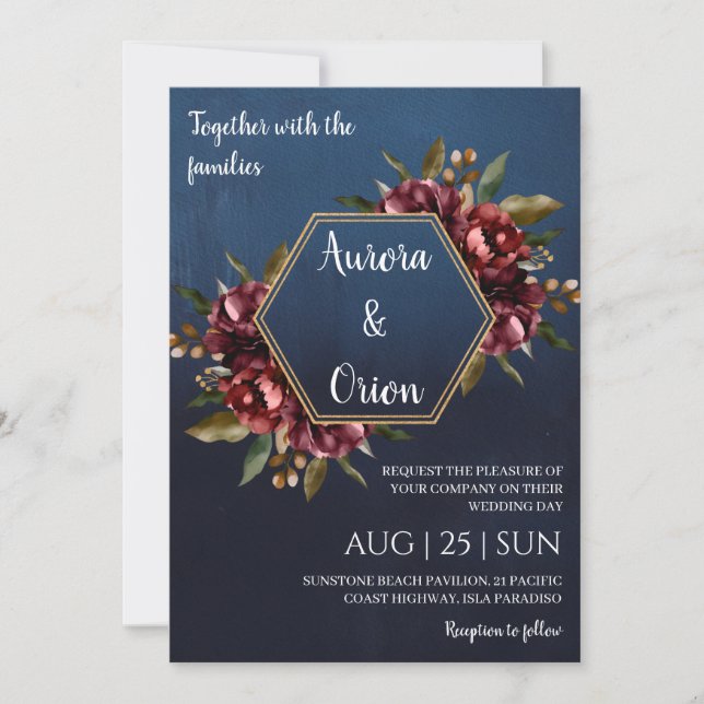 modern navy blue and burgundy wedding invitations (Devant)