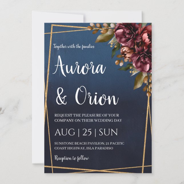 modern navy blue and burgundy wedding invitations (Devant)