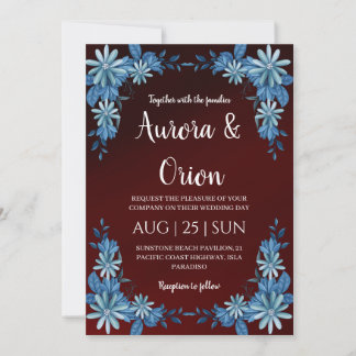 modern navy blue and burgundy wedding invitations
