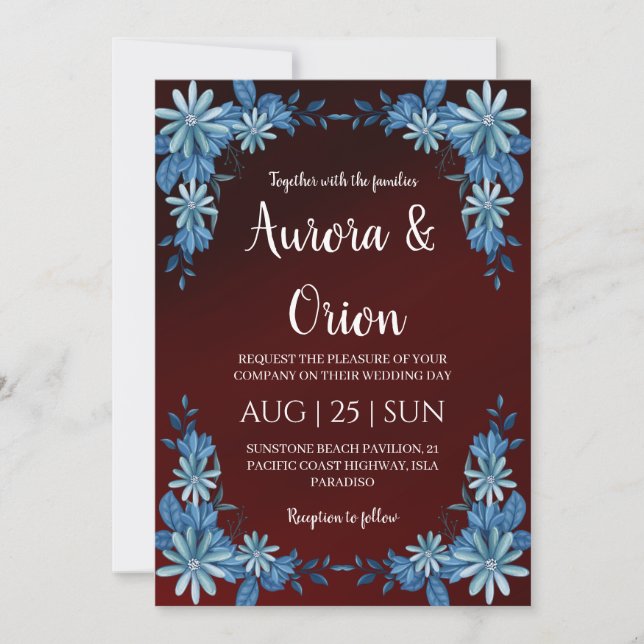 modern navy blue and burgundy wedding invitations (Devant)