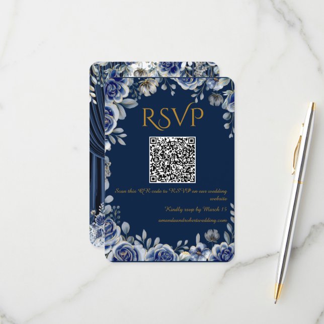 Modern Navy Blue and Gold QR Code Wedding RSVP Car (Devant/Arrière en situation)