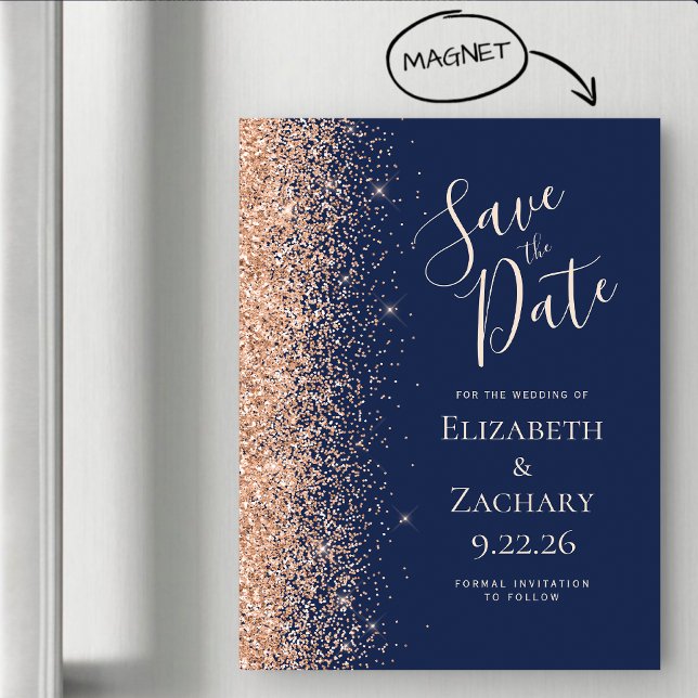 Modern Navy Blue Peach Save Date Magnetic Card (Créateur téléchargé)