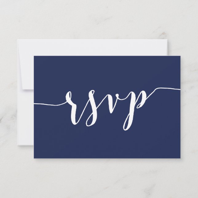 Modern Navy Blue Script Wedding RSVP Card (Dos)