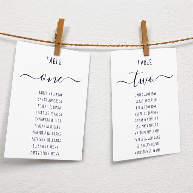 Modern  Navy Blue Script White Seating Chart Card (Créateur téléchargé)