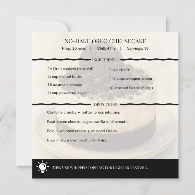 Modern No-Bake Oreo Cheesecake Recipe Card (Devant)