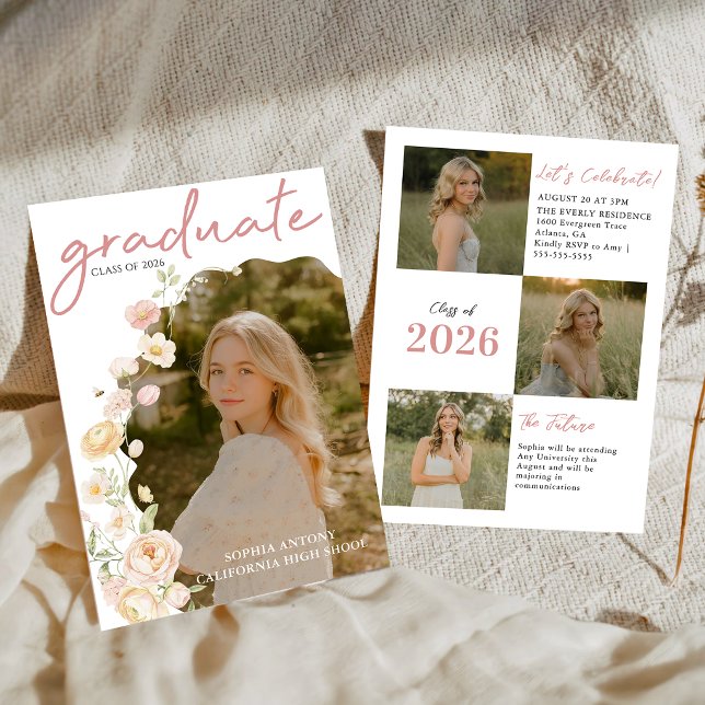 Modern Photo Floral Graduation Party Invitation (Créateur téléchargé)