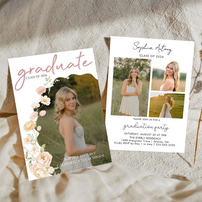 Modern Photo Floral Graduation Party Invitation (Créateur téléchargé)