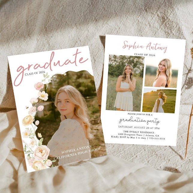 Modern Photo Floral Graduation Party Invitation (Créateur téléchargé)