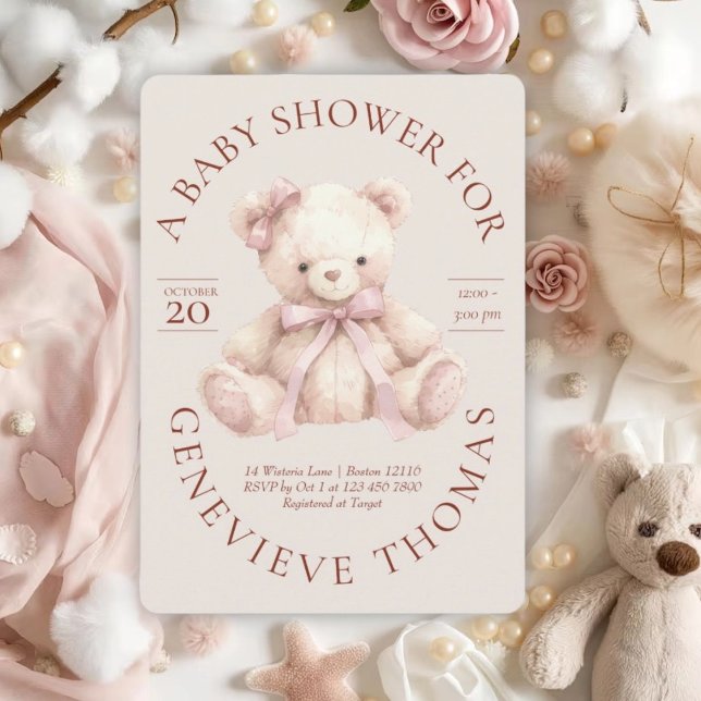 Modern Pink Bow Teddy Bear Baby Shower Invitation (Créateur téléchargé)