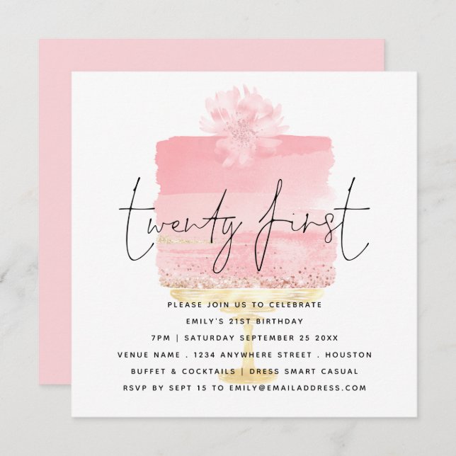 Modern Pink Cake Invitation 21e anniversaire (Devant / Derrière)
