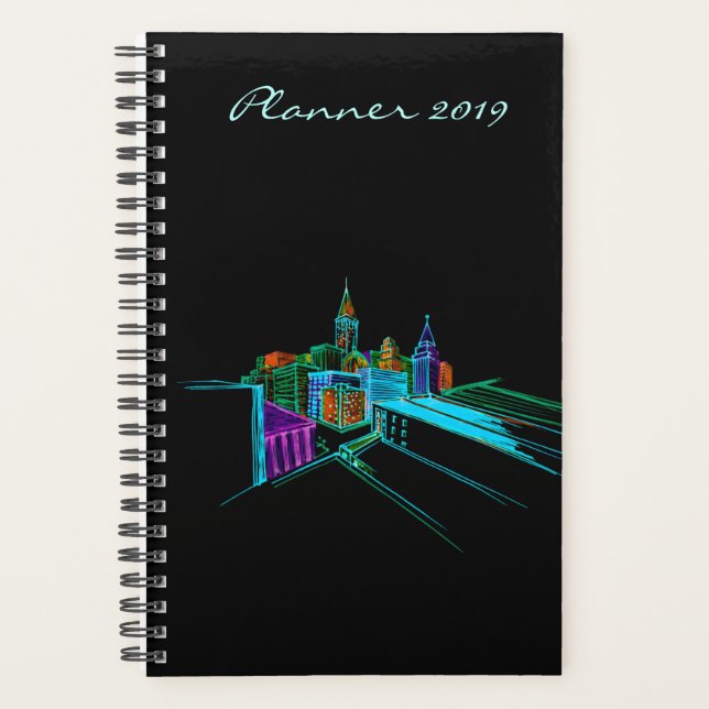 Modern Planner 2019 Black Vibrant City Art (Devant)