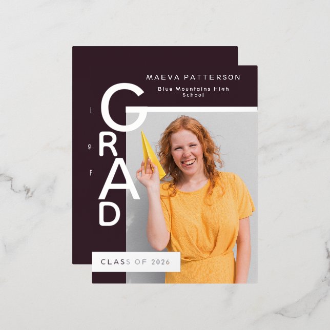 Modern Plum Graduation Party Invitation Silver (Recto/Verso)