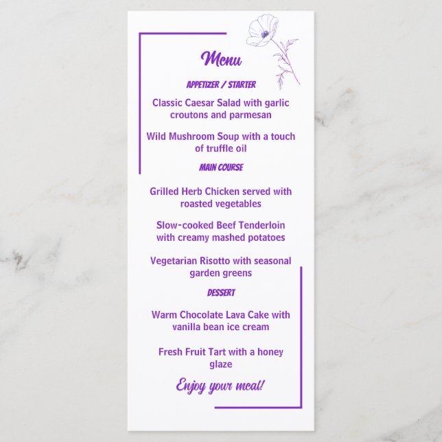 Modern Purple Line Art Floral Wedding Menu Card (Devant)