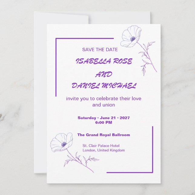 Modern Purple Line Art  Save the Date Wedding Card (Devant)