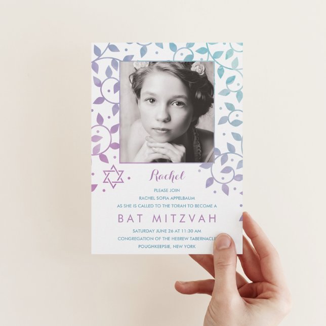 Modern Purple + Teal Photo Bat Mitzvah Invitations (Créateur téléchargé)