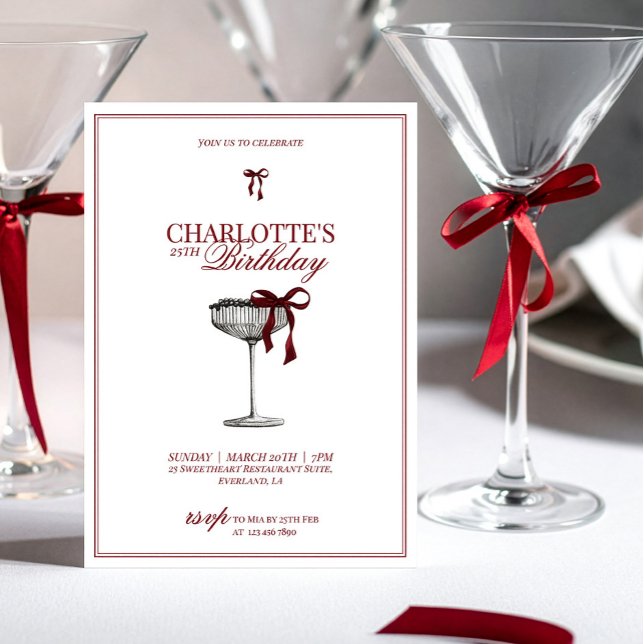 Modern Red Bow Champagne Birthday Invitation (Créateur téléchargé)