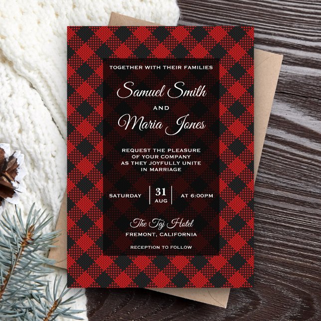 Modern Red Buffalo Plaid Wedding Invitation (Créateur téléchargé)