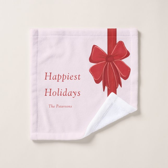 Modern Red Ribbon Bow Wrap Photo Christmas (Gant de toilette)