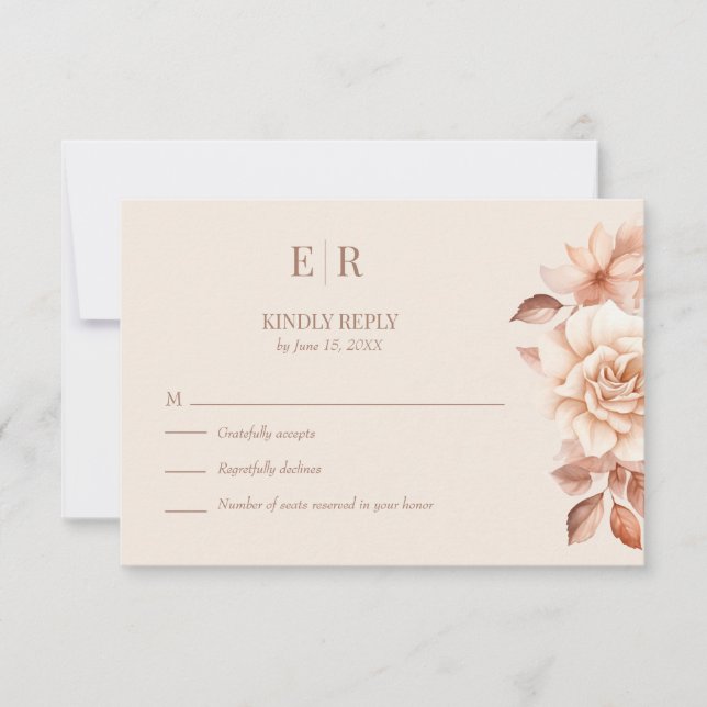 Modern Rose Gold Floral Monogram Wedding RSVP Card (Devant)