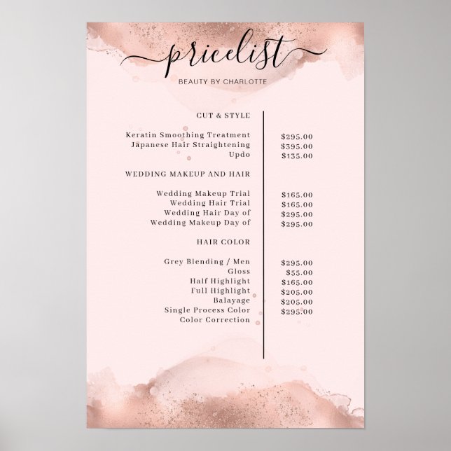 Modern  Roségold Watercolour Pricelist Poster (Devant)