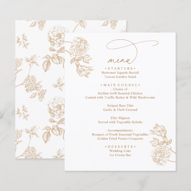Modern Rustic Gold Floral Wedding Menus (Devant / Derrière)