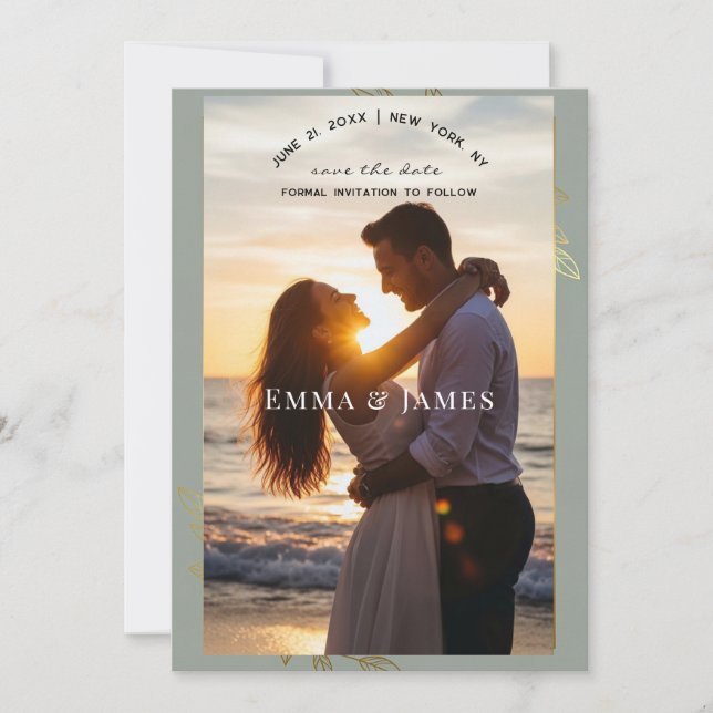 Modern Sage Green Gold Botanical Save the Date (Devant)
