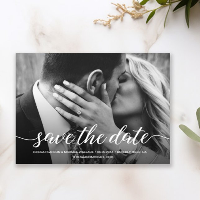 Modern Save the Date Photo Fiançailles (Elegant white overlay Save the date script custom photo card.)