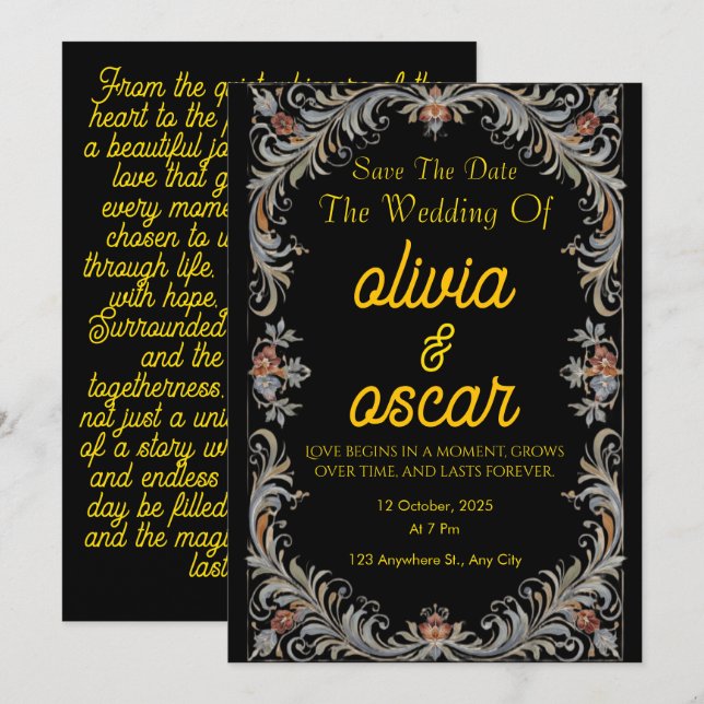 Modern Scandinavian Rosemaling Wedding Invitation  (Devant / Derrière)