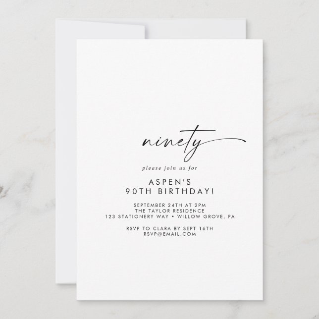Modern Script 90th Birthday Party Invitation (Devant)