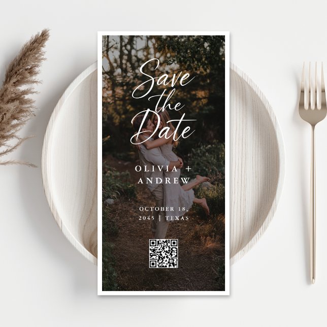 Modern Script QR Code Photo Bookmark Save the Date (Créateur téléchargé)