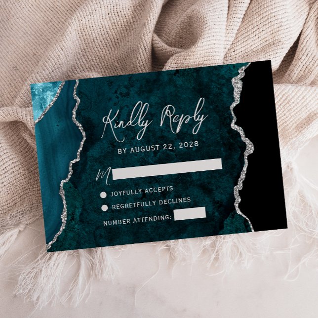 Modern Teal Blue Agate Silver Script Wedding RSVP (Créateur téléchargé)