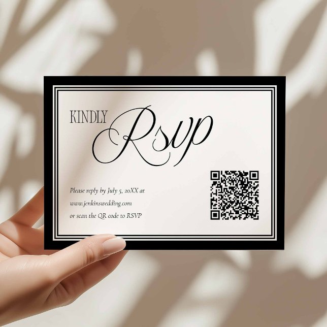 Modern Wedding RSVP with QR code Card (Modern Black and White Rsvp Card with QR Code)
