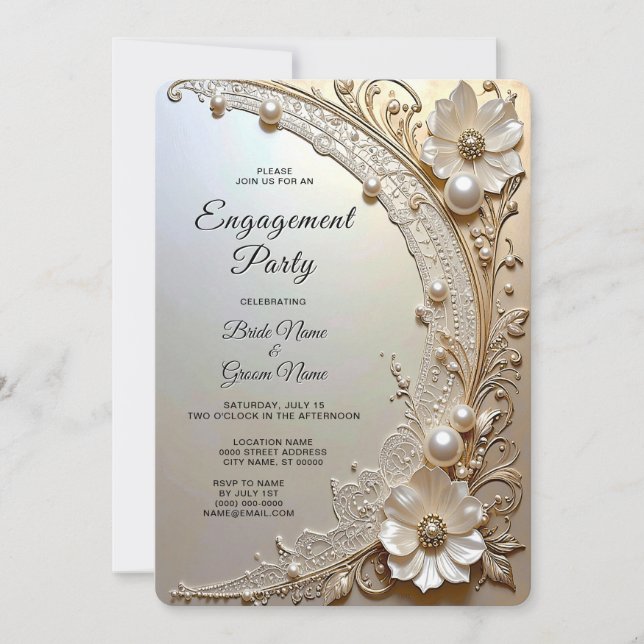 Modern White Flowers Pearls Engagement Invitation (Devant)