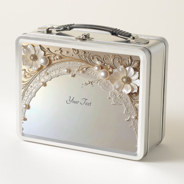 Modern White Flowers Pearls Lunchbox (Devant)