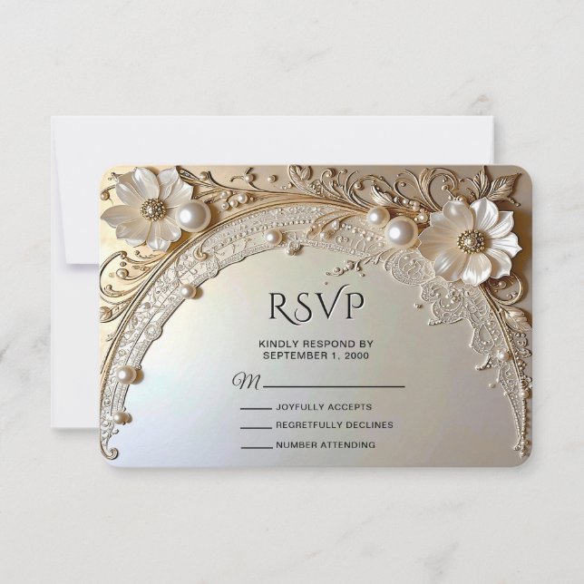 Modern White Flowers Pearls RSVP Card (Devant)