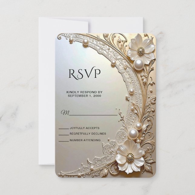 Modern White Flowers Pearls RSVP Card (Devant)