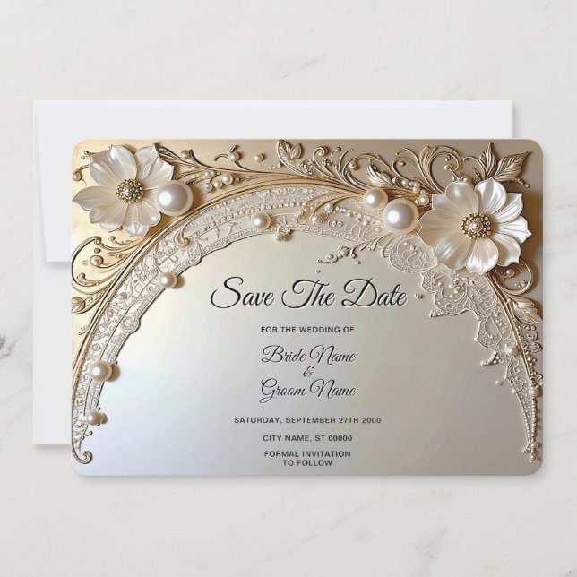 Modern White Flowers Pearls Save The Date (Devant)
