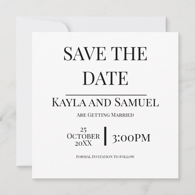 Modern White Save The Date Card with Black Text (Devant)
