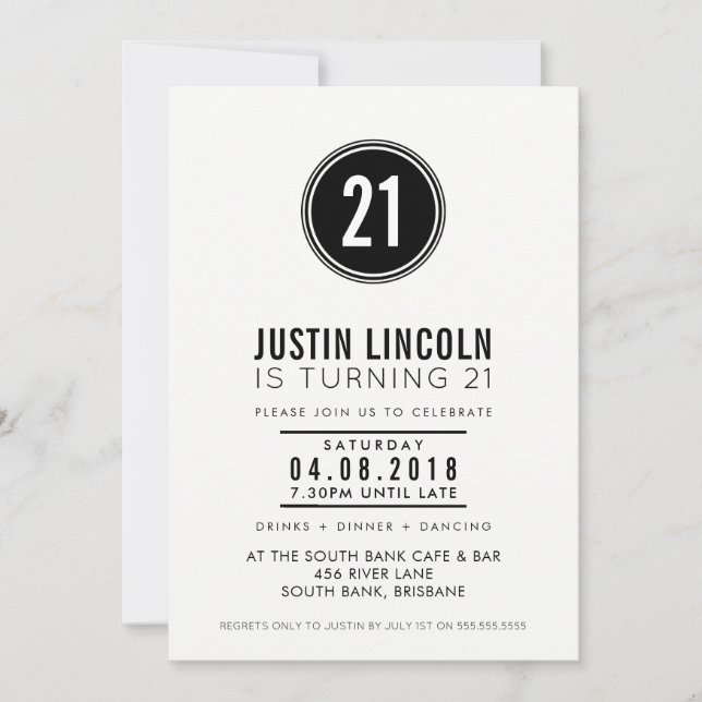 MODERNE 21e anniversaire INVITATION simple tache n (Devant)