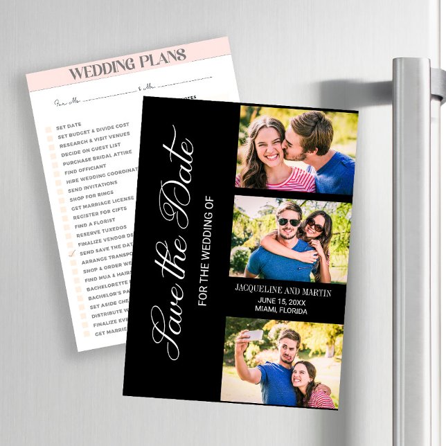 Moderne 3 Mariage photo noir (Wedding Save the Date 3-photo magnet )