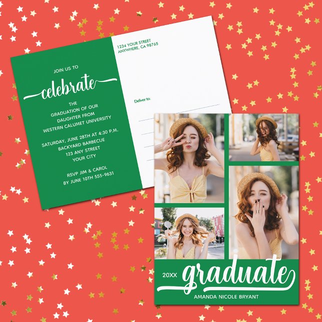Moderne 4 Photo Collage Vert Graduate Invitation (4 Photo Collage Green Graduate Invitation Postcards)