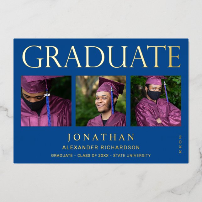 Moderne 4 Photo Foil Faire-part de graduation Bleu (Recto)