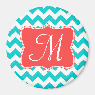 Moderne Aqua Coral Chevron Monogramme Aimant initi