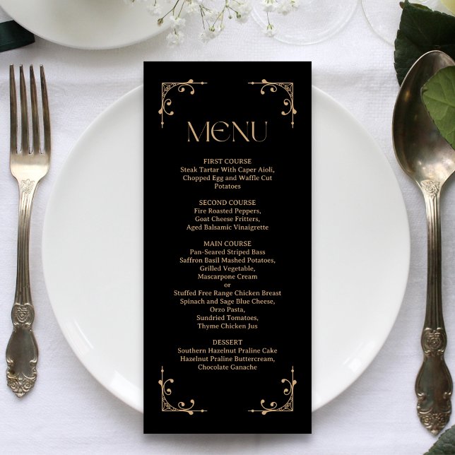 Moderne Art Déco | Élégant Menu de Mariage Noir et (Modern deco black and gold wedding menu presents your dishes with elegant, personalized style.)