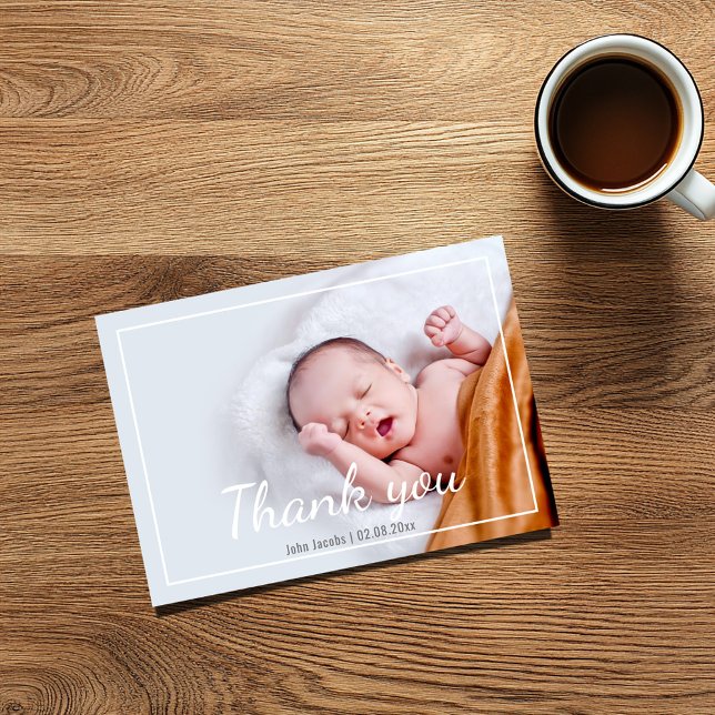 Moderne, baby shower, bébé garçon, carte de remerc (Baby shower "thank you" photo card with baby name and birth date)